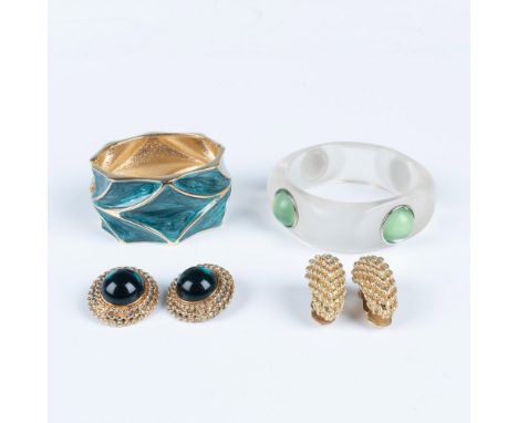 This beautiful group includes an overall gold tone and green enameling. Includes a bangle bracelet, a cuff bracelet and two p