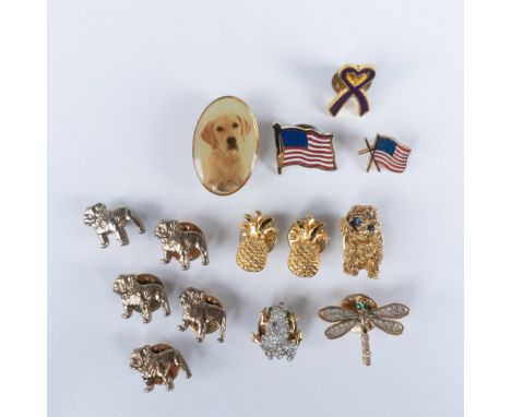 Eclectic collection of pins that includes 5 bulldog pins with four Ballou Reg D stamped backpieces, dog pin modeling blue gem