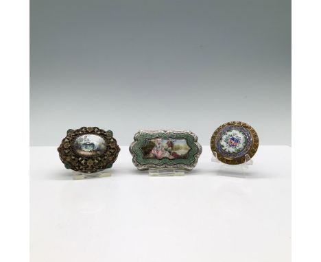This lovely grouping includes: 1 antique silver keepsake box featuring a hand painted enamel scene framed with a floral patte