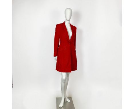 Gorgeous Carl Meyers red equestrian one button closure day coat with a shawl lapel, two side pockets and three pleats on the 
