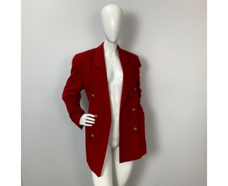 Original Engie Couture deep red cashmere double-breasted jacket that closes with six gold-colored buttons and two on each sle