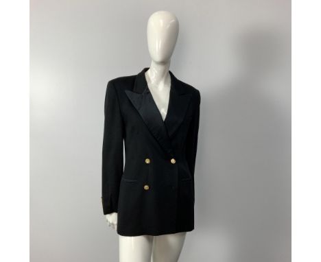 Gorgeous original Escada Couture black evening double-breasted cashmere blazer with pointed silk collar, four front gold stud