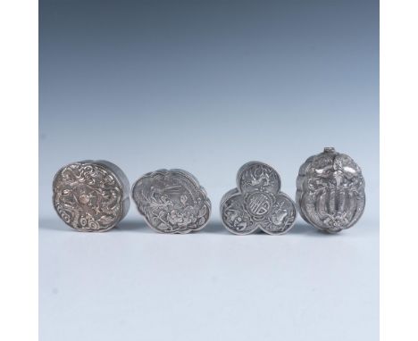 A delightful set of four trinket boxes in various shapes, featuring three with removable lids and one with a hinged lid, each