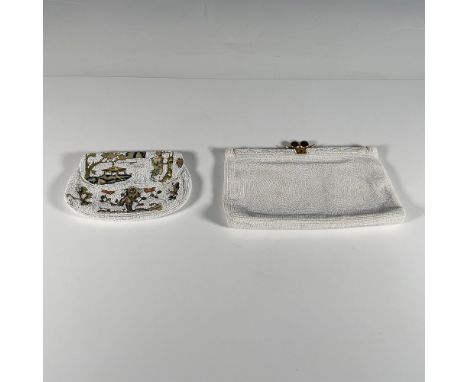 2 beige beaded purses. The larger clutch measures 9.5"L x 5.5"W. It has a gold snap closure and has a tag marked Walborg Hand