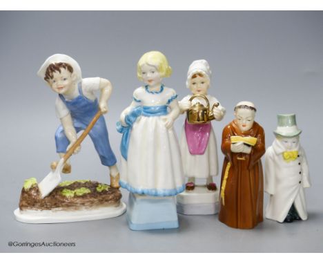   Three Royal Worcester figures, 'Saturday's Child', 'Monday's Child' and 'Polly Put the Kettle On' and two candle snuffers,'