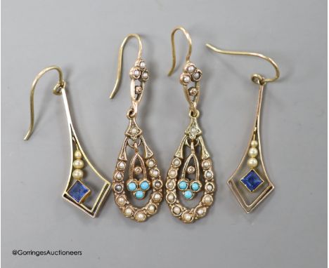   Two pairs of late Victorian yellow metal and gem set drop earrings, including turquoise and seed pearl stamped 9ct, 40mm,gr