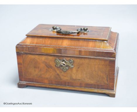   A late George II walnut line inlaid and cross banded tea caddy