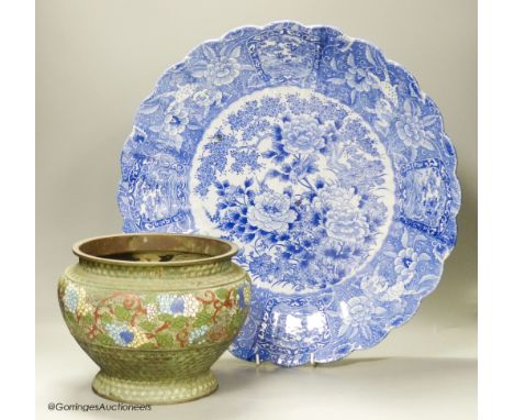   A Japanese blue and white charger, diameter 46cm, and a champleve enamel jardiniere