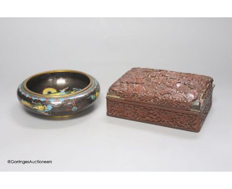   A 1920's Chinese cloisonne enamel 'dragon' bowl and a cinnabar lacquer box, 15 x 11 x 5cm