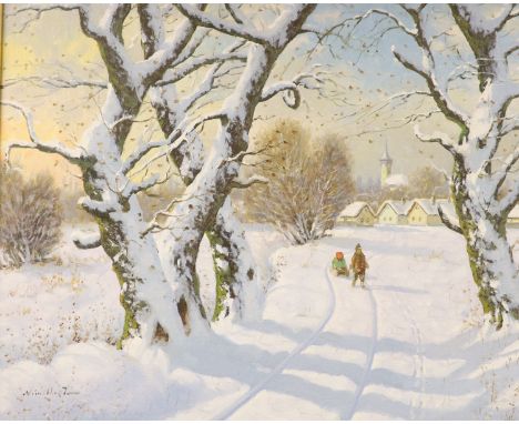   Z* Nemeth (20th century), oil on canvas, Winter landscape, signed, gilt and green velvet frame, 50 x 60cm and P. Patching, 