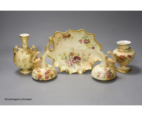   A Royal Worcester blush leaf dish, a pair of ewers, a two handled vase and another