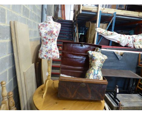   A painted tin trunk (with contents), a dressmaker's dummy and a mannequin