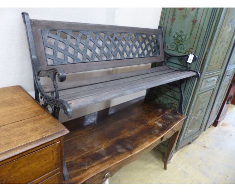   A painted cast metal garden bench, length 126cm, depth 52cm, height 80cm