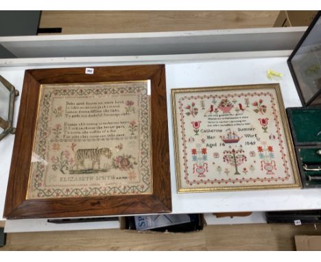   A William IV needlework sampler, worked with text and a lion, by Elizabeth Smith, dated 1836 and a Victorian needlework sam