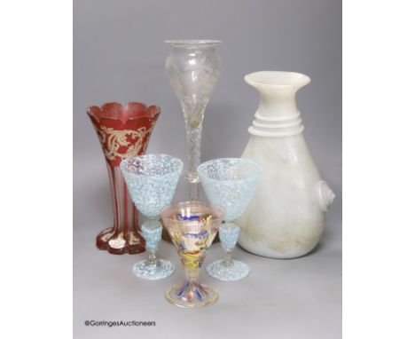   Roman style vase, a pair of goblets, a Bohemian trumpet vase, cut glass vase on stand and a German enamel tinted glass