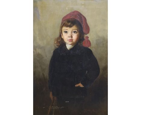   Charles Kay Robertson (fl.1877-1931), oil on canvas, Portrait of a girl wearing a black coat and red cap, signed, 76 x 50cm