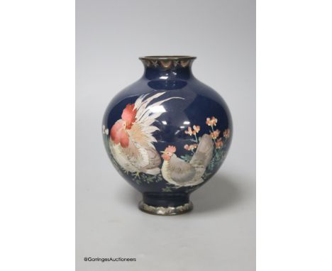   A Japanese cloisonné enamel vase, Meiji period, decorated with a cockerel, height 14cm