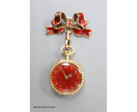   A lady's early 20th century 14k yellow metal, red enamel and seed pearl set fob watch(a.f.), case diameter 26mm, gross 15.5