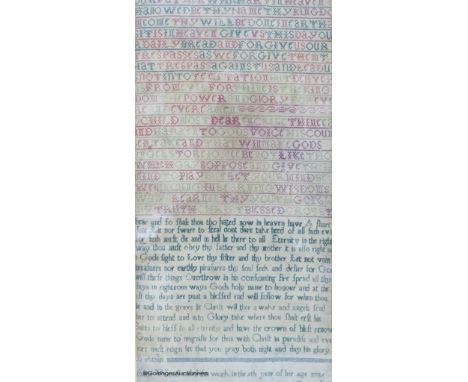   A George II needlework sampler, worked with the Lord's Prayer and religious text, by Alice Wood, dated 1736, 40 x 20cm