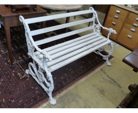   A Victorian style painted cast aluminium slatted garden bench, (Bramley) Colebrook style, length 123cm, depth 64cm, height 