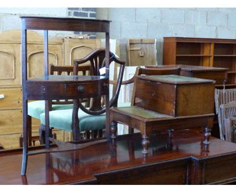   A George III mahogany bow fronted corner washstand, height 80cm together with a Victorian mahogany step commode (converted)