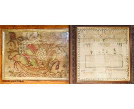   A George IV woolwork embroidered panel, by Ann Griffiths, dated 1818 and a George III needlework sampler dated 1786, 30cm s