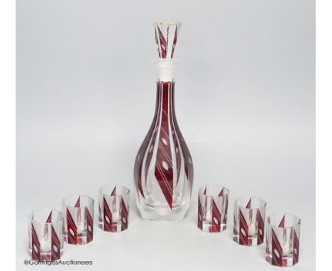   A Bohemian Art Deco ruby flash glass seven piece liqueur set, decanter 32cm