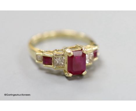   A modern 14k, ruby and graduated ruby and diamond set seven stone half hoop ring, size N, gross 3.6 grams.