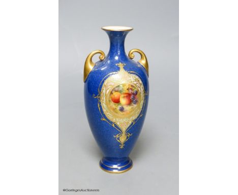   A Royal Worcester fruit painted powder blue vase, height 16.5cm