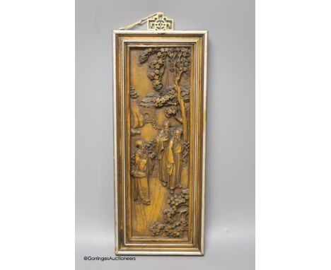   A Chinese figural composition panel, height 36cm width 12cm excluding frame