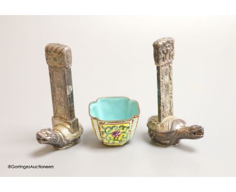   Two Chinese white metal salt and pepper shakers, 9cm and a Canton enamel cup.