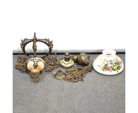 Hanging parlour lamp with ceramic drop, painted opaque glass shade, cast gilt metal frame, with suspension chains.