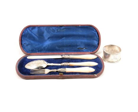 A Victorian cased silver three piece christening set, George Unite, Birmingham 1869, comprising knife, fork and spoon, all wi