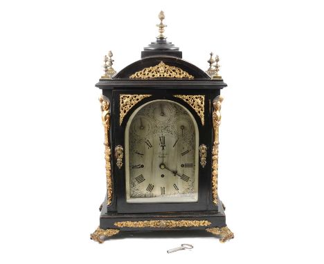 Victorian ebonised mantel clock, the case with gilt metal mounts and grille sides, silvered dial with Fast/Slow, Chime/Silent