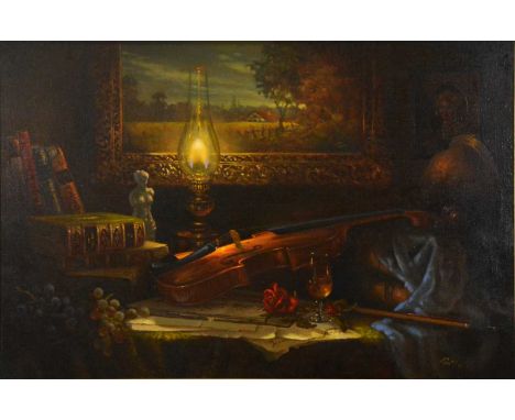 Anthony Payton,Still life of a violin, oil lamp, books, flowers and painting,oil on canvas, signed,60x90cm.