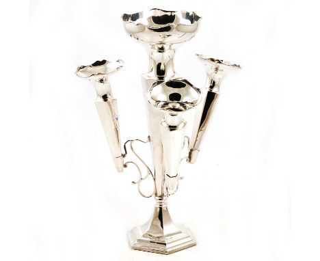 A silver epergne centre piece, Walker and Hall, Chester 1912, the hexagonal filled base supporting central tapered octagonal 