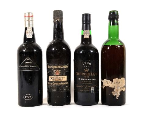 Four assorted bottles of vintage port:Taylors 1964 vintage crusted port, Velha 1967 vintageChurchill's 1990 LBVDow's 1999 vin