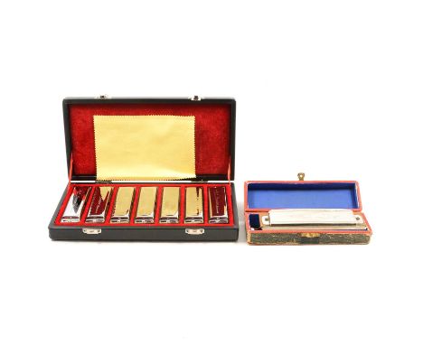 Set of Swan 1020 Blues Harmonica, cased, and a Hohner Super Chrominica, boxed.