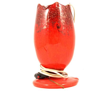 Vasart/ Monart style swirled red and gilt aventurine glass lamp, spiked rim, swollen body, broad spreading foot, unmarked, 26