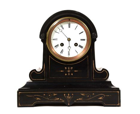 Victorian black marble mantel clock, the case with domed top, carved and gilt decoration, circular enamelled dial with Roman 