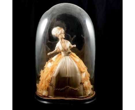 French china mounted costume model, under a large glass dome, height 57cm.Condition report:Dome dimensions: height 21 inches 