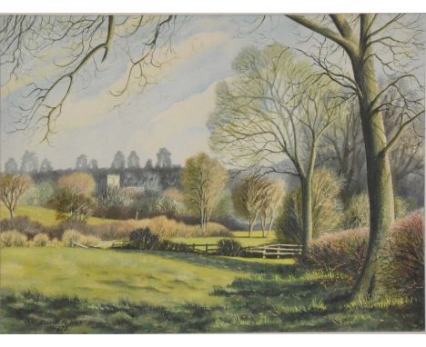 David M West,Landscape with a church tower,signed and dated 1976, watercolour,32x42cm,and J M Tricks, Poppies, signed, oil on
