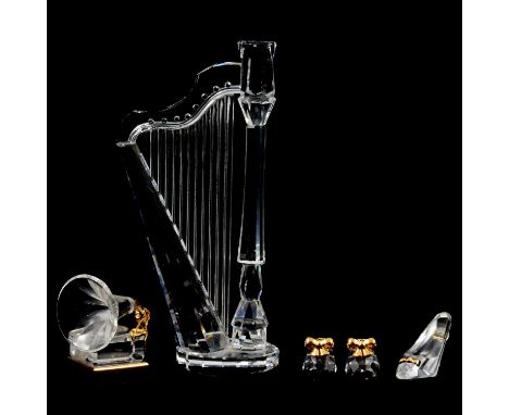 Swarovski Crystal - a harp ornament, with CoA, boxed; Crystal Memories booties, boxed; shoe, boxed; gramophone, boxed; ballpo