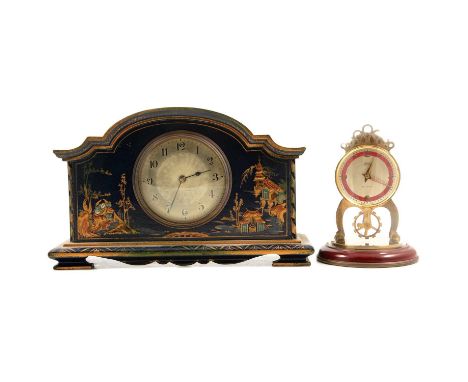 A French chinoiserie style mantel clock, the 8.5cm Arabic dial in a blue wooden case decorated with landscapes and figures, w