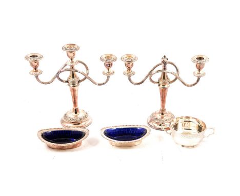 A quantity of silver plate including two similar twin light candelabra, a Mappin &amp; Webb sugar bowl, pair of butter dishes