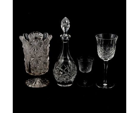 Two boxes of cut glass stemware, including set of six Waterford Crystal wine glasses, along with cut glass decanters, six rub