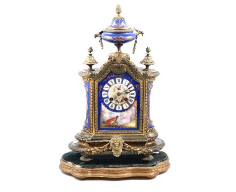 Late 19th Century French spelter and porcelain mantel clock, painted floral panels and dial, cylinder movement stamped R&amp;