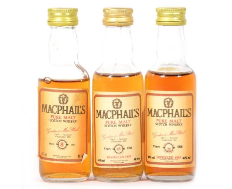 Three Macphail's pure malt Scotch whisky miniatures:1938, 45 year old, 5cl, 40%1963, 21 year old, 5cl, 43%8 year old, 5cl, 40