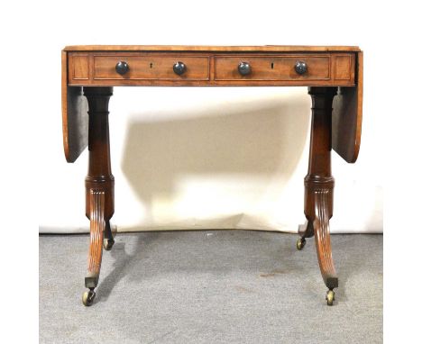 George V mahogany sofa table, of small size, the top with crossbanding and stringing, two drop leaves, two drawers on opposin