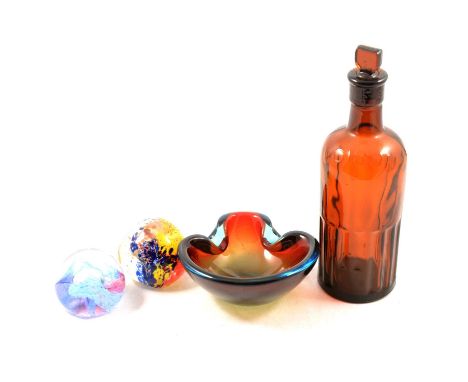 A 'Poison' glass bottle, with stopper; a Murano-style dark blue and clear glass splash bowl; other Murano-style bowls; Murano